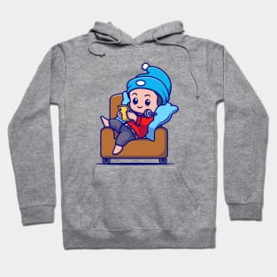 Cute Boy Operating Phone On Sofa Cartoon Hoodie